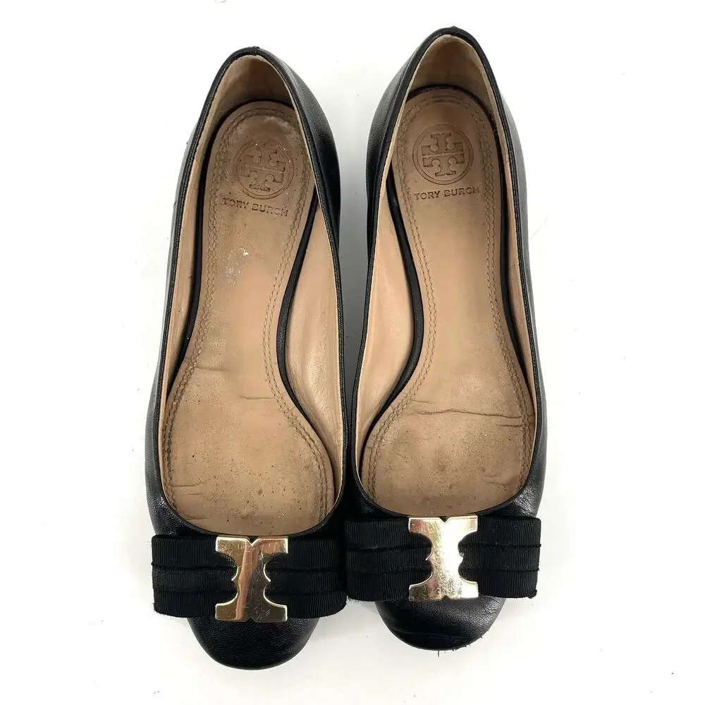 Tory Burch Black Leather Gemini Logo Flat Ballet‎ Pumps Ribbon Bow (5.5)